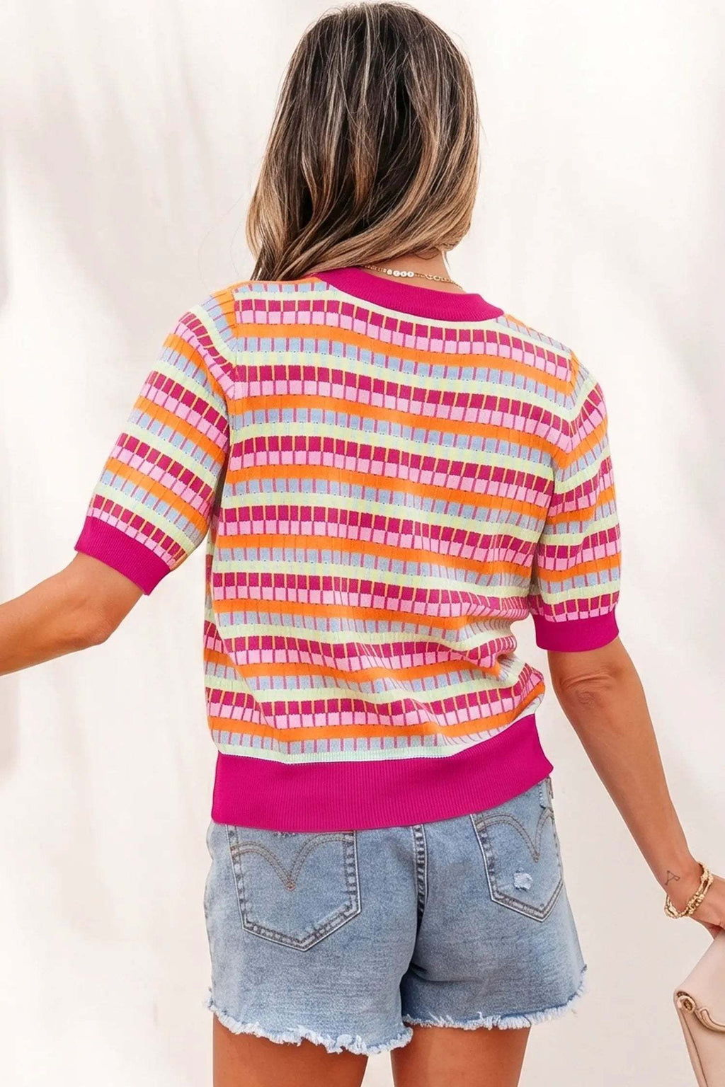 Zaria | Striped Short Sleeve Knit Sweater with Fine Gauge Finish