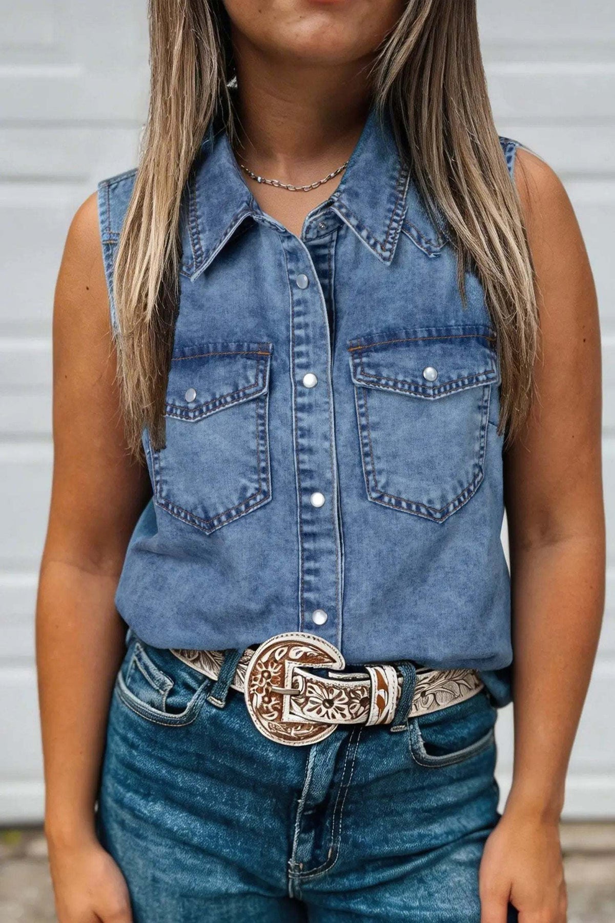 Nerina | Collared Sleeveless Denim Vest with Button Front