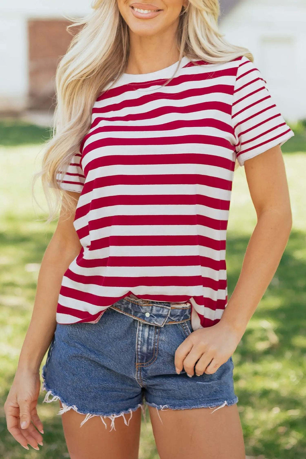 Ursina | Striped Panelled Round Neck Cotton T Shirt