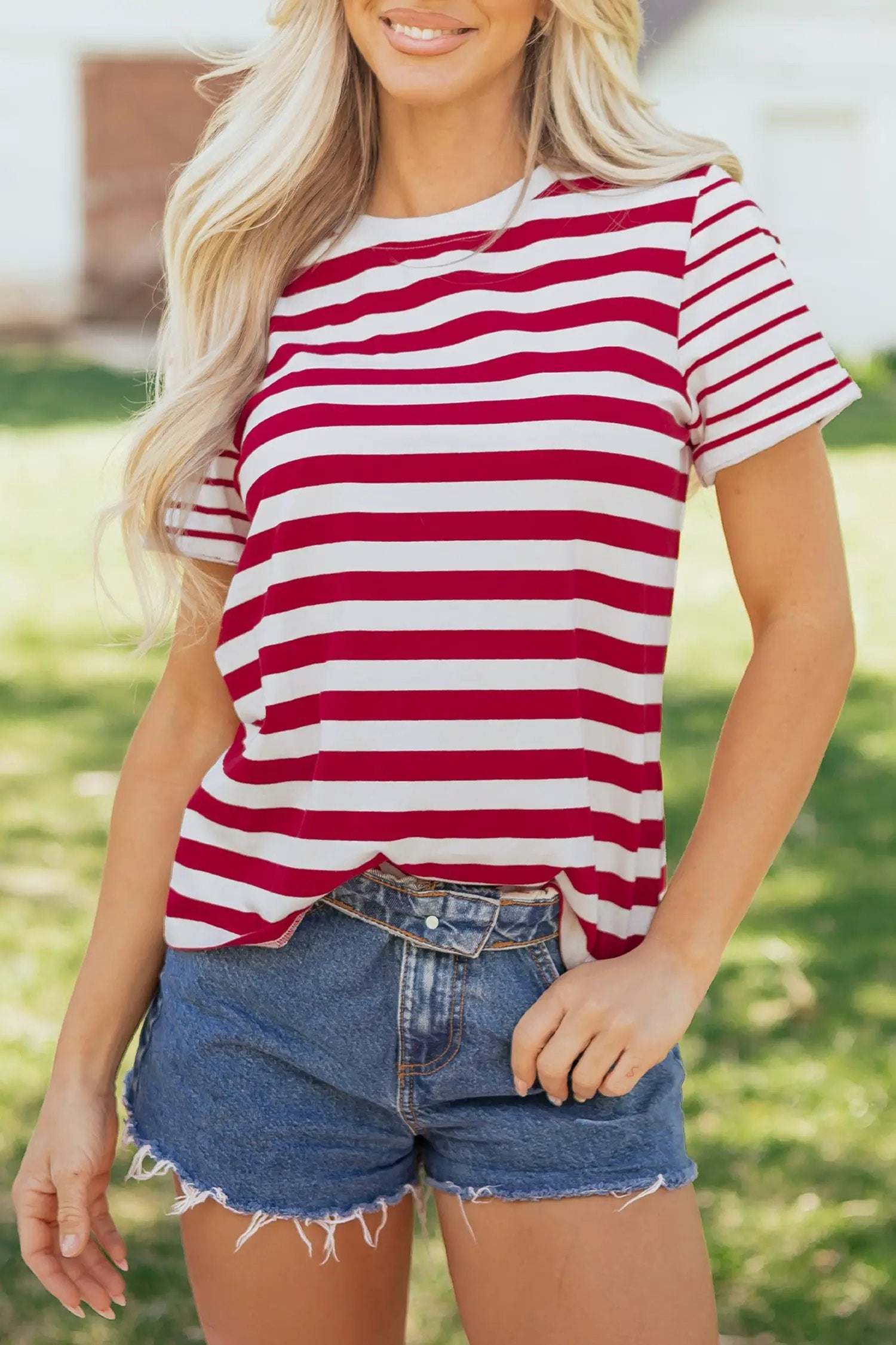 Ursina | Striped Panelled Round Neck Cotton T Shirt