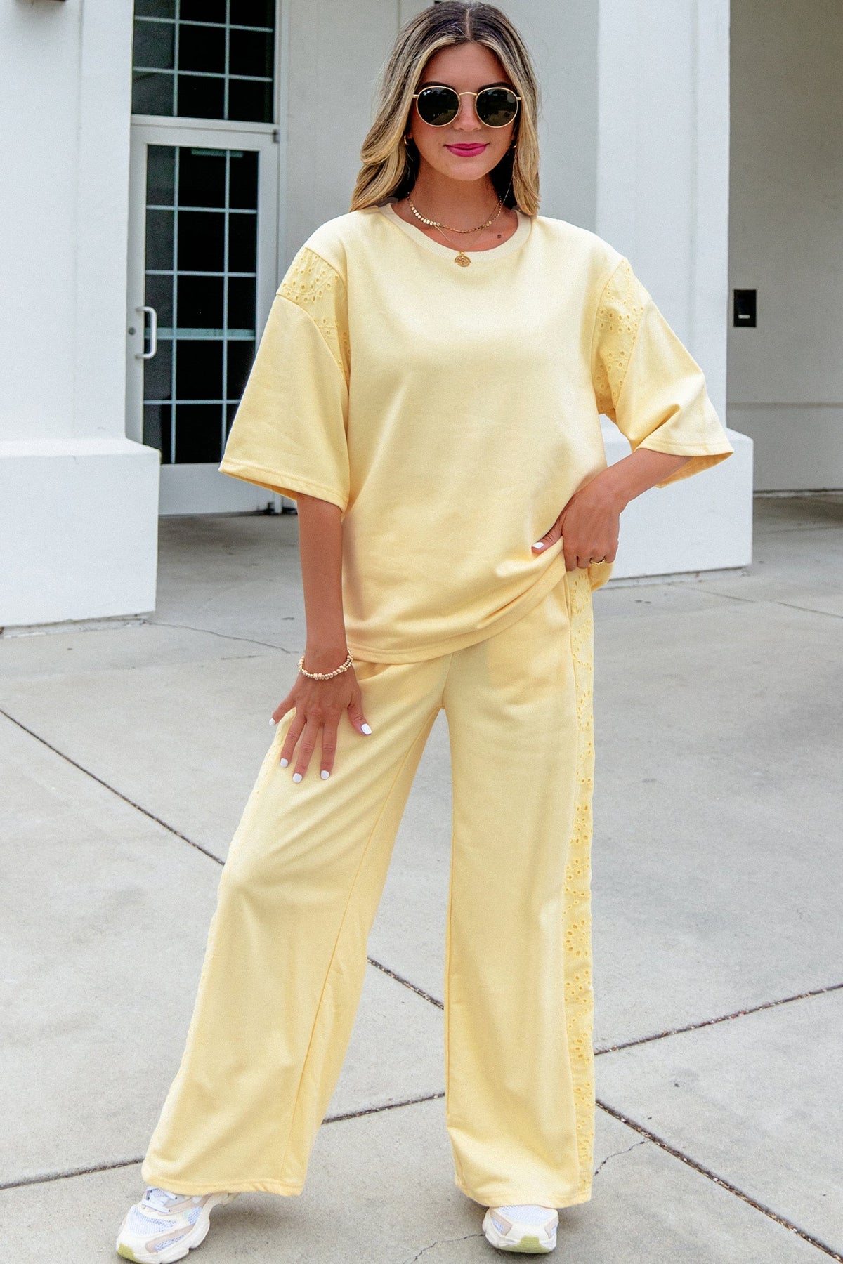 Margaux | Lace Panelled Half Sleeve Top and Wide Leg Pants Two Piece Set