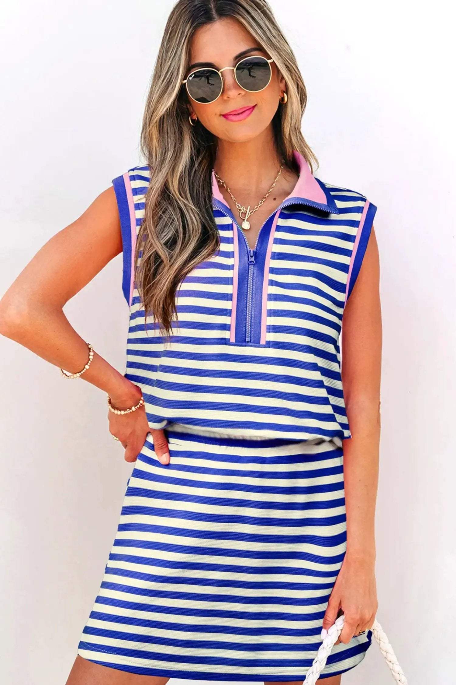 Thalia | Textured Stripe Zip Collar Sleeveless Top and Skort Set