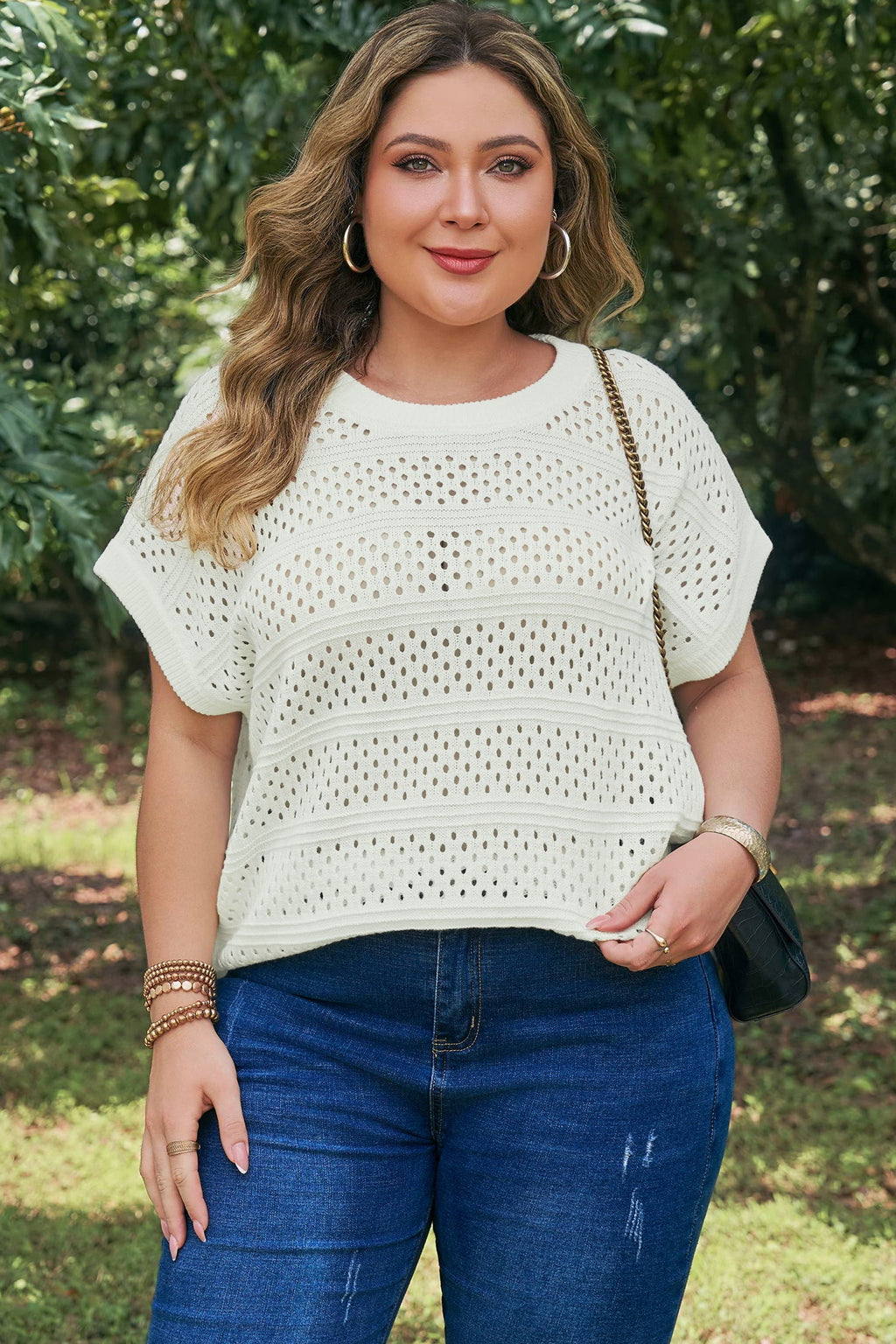 Celeste | Eyelet Knit Short Dolman Sleeve Sweater in Extended Sizes