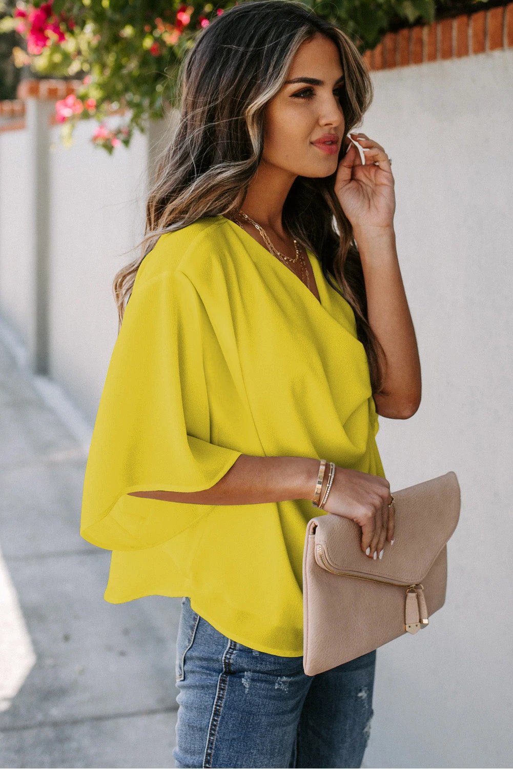 Sabine | Draped Sleeve V Neck Wrap Blouse for Warm Weather