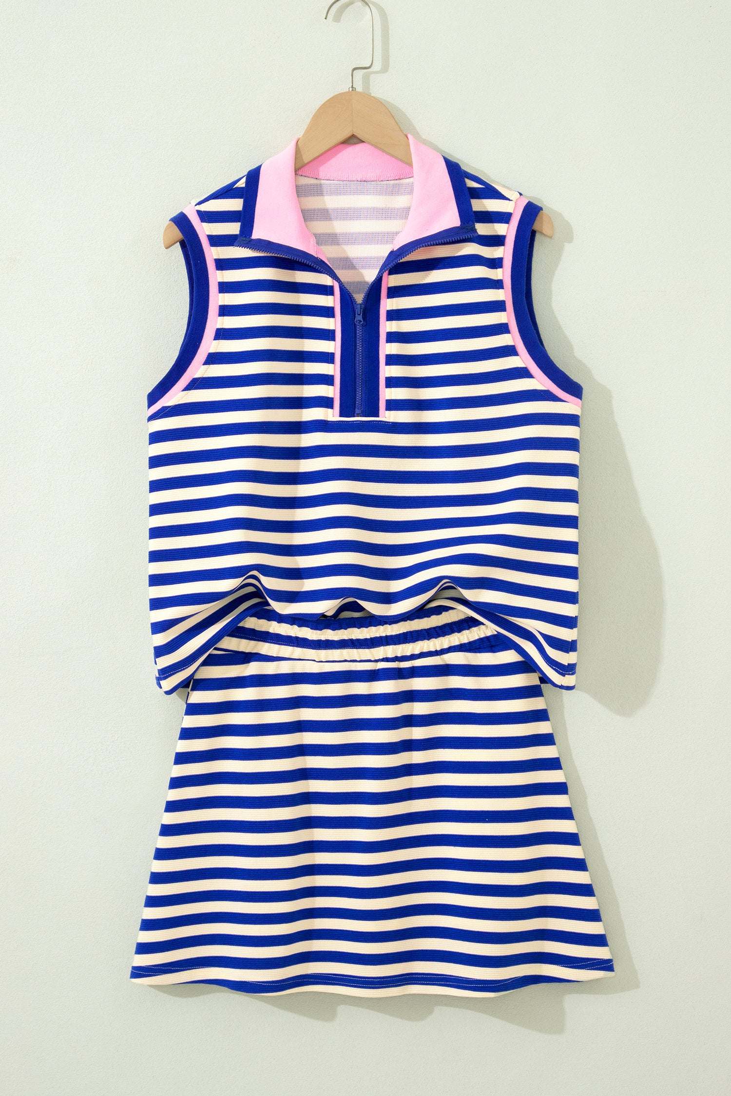 Thalia | Textured Stripe Zip Collar Sleeveless Top and Skort Set