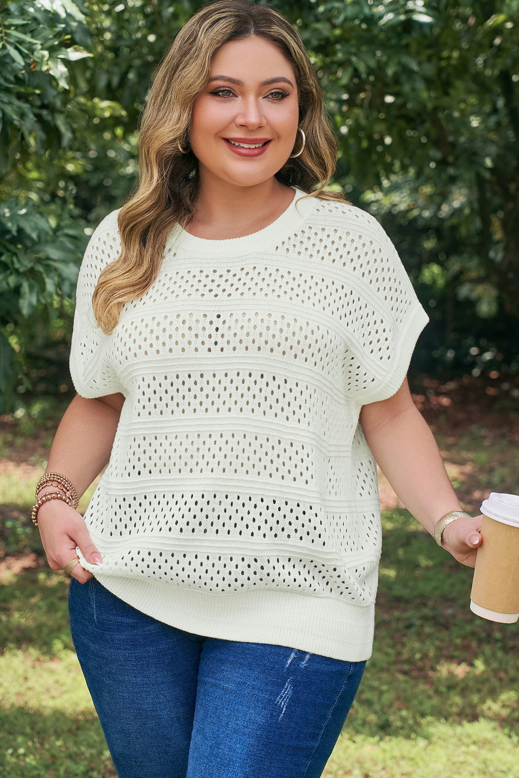 Celeste | Eyelet Knit Short Dolman Sleeve Sweater in Extended Sizes