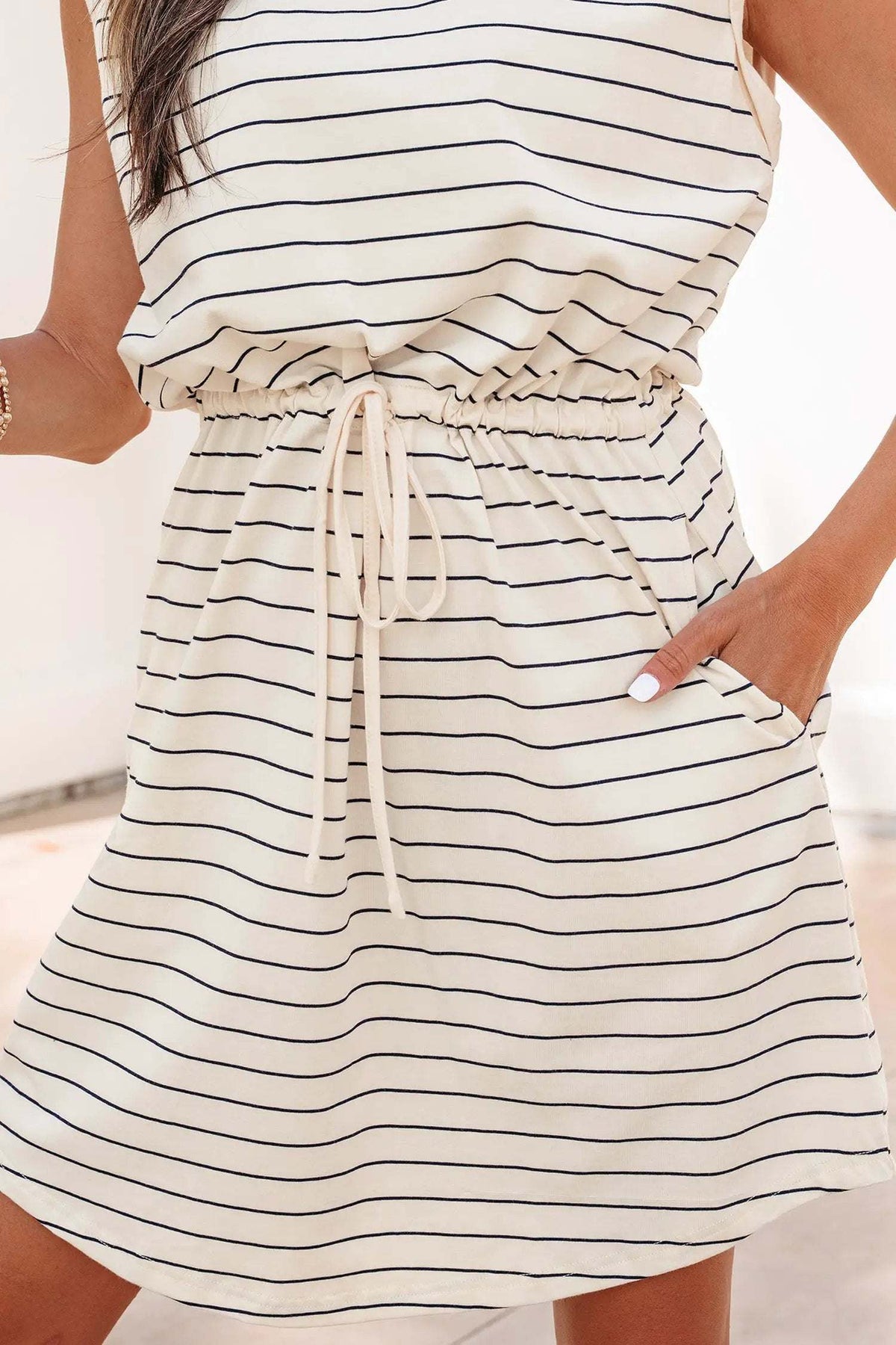 Dorothea | Striped Drawstring Tank Mini Dress with Side Pockets