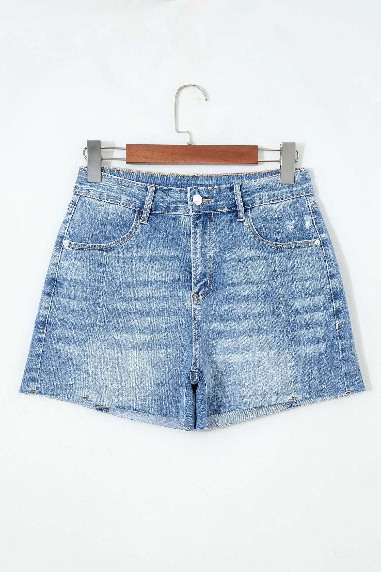 Valentina | Washed Raw Hem Denim Shorts with Mid Rise Fit