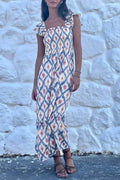 Katriona | Smocked Waist Square Neck Midi Dress with Ruffle Sleeves
