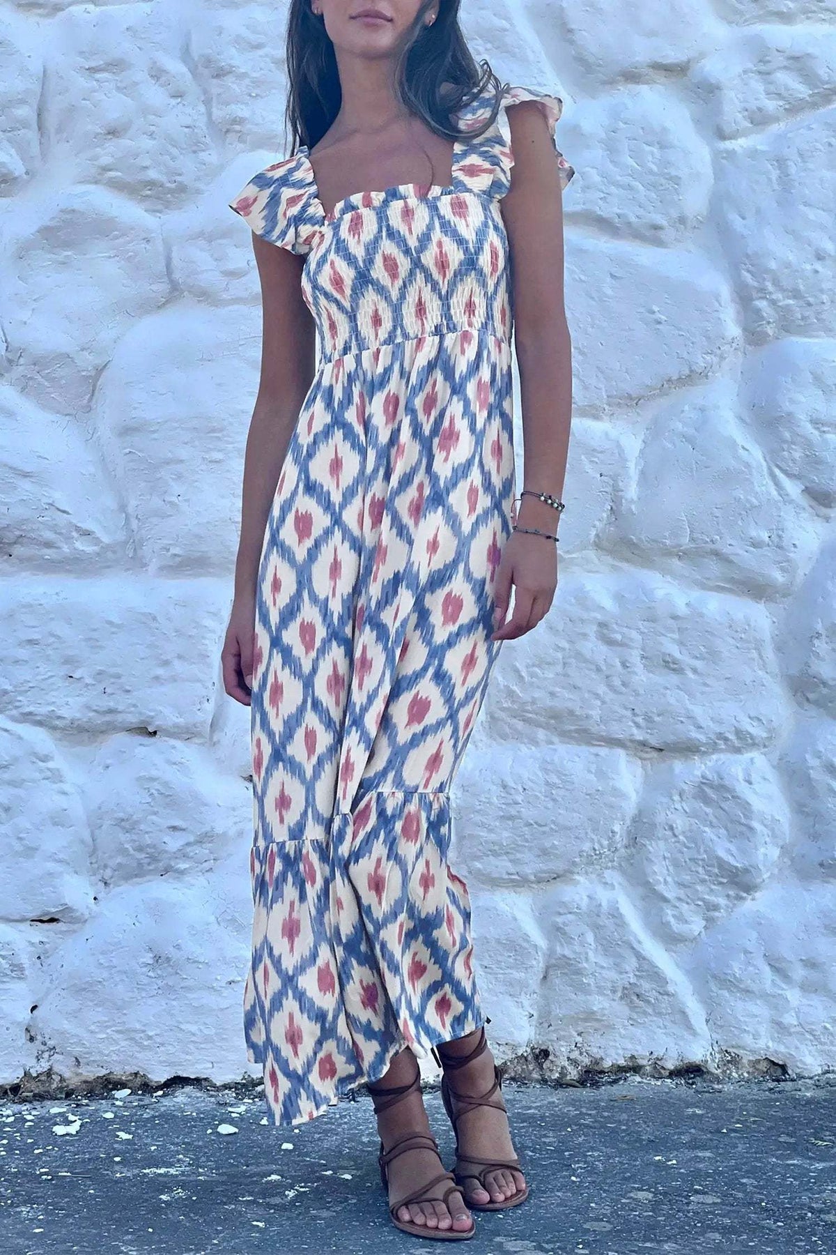 Katriona | Smocked Waist Square Neck Midi Dress with Ruffle Sleeves