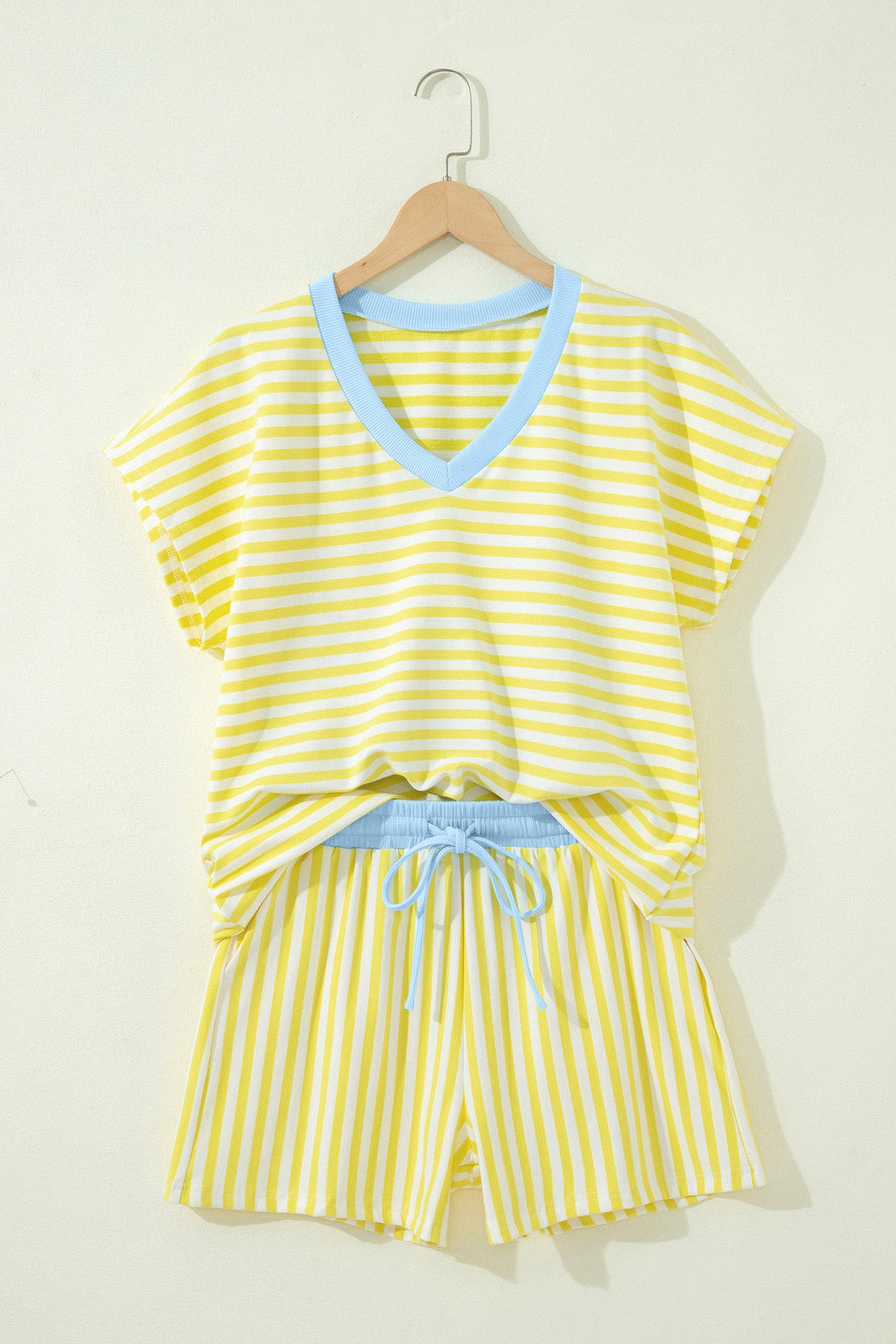 Juliette | Striped Contrast V Neck Tee and Drawstring Shorts Set
