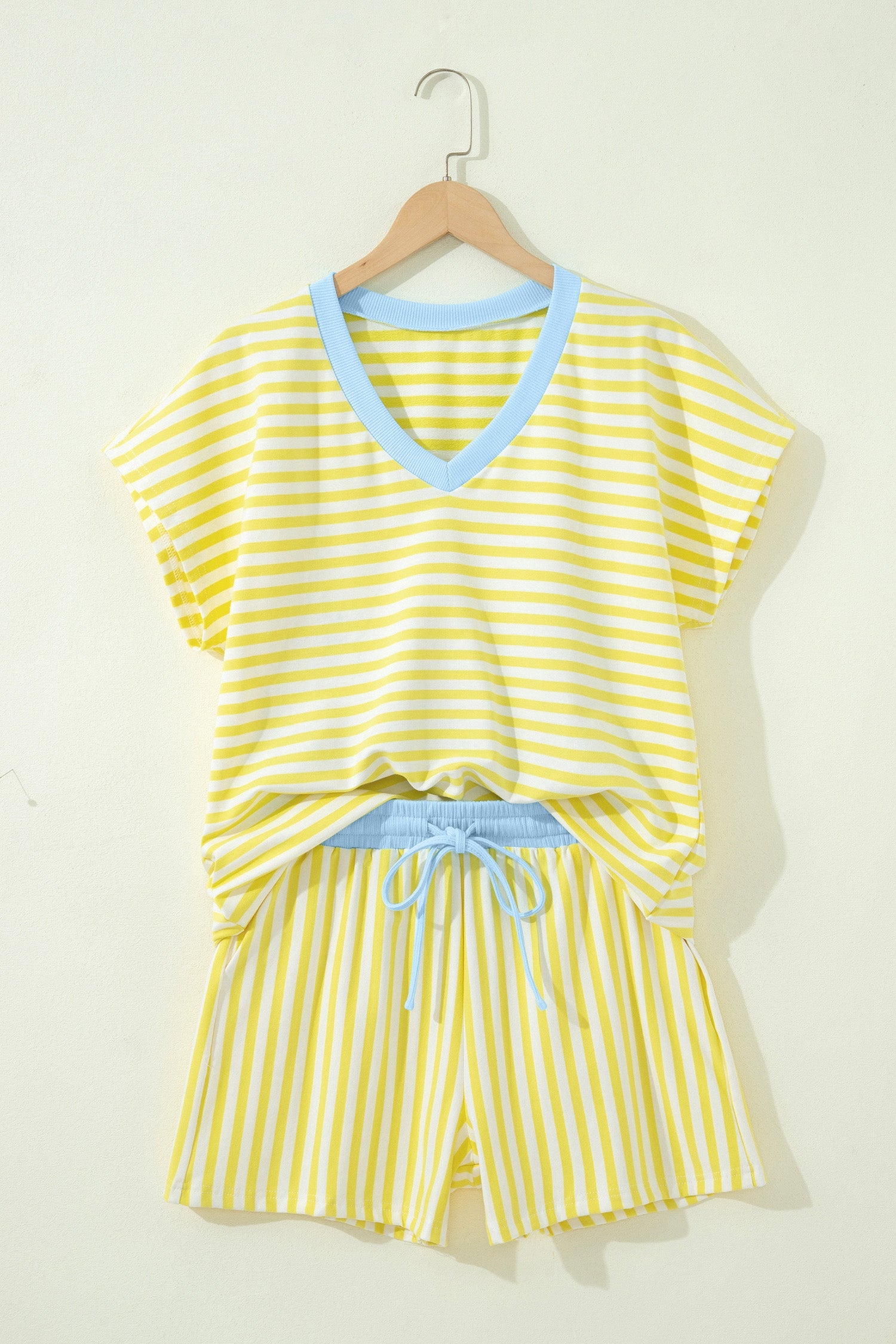 Juliette | Striped Contrast V Neck Tee and Drawstring Shorts Set