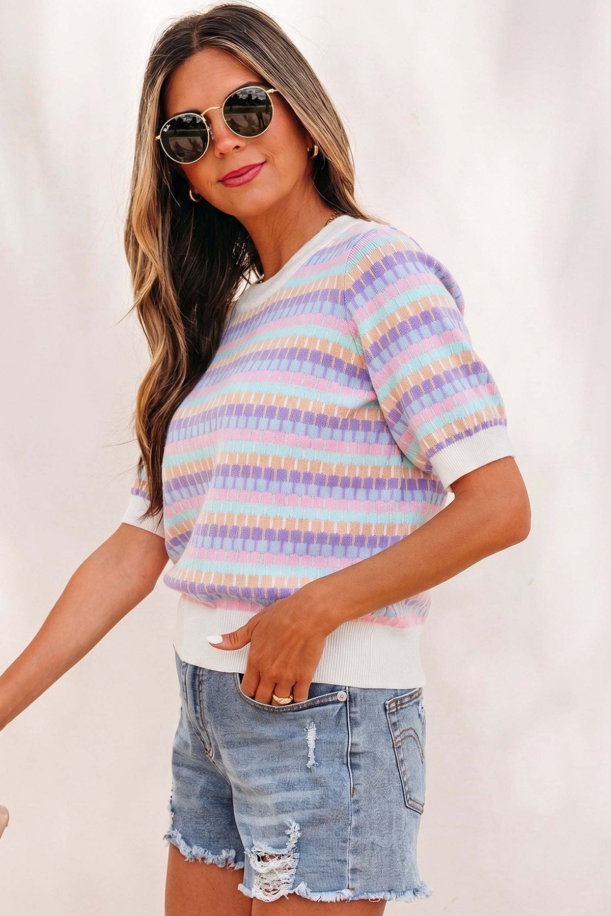 Zaria | Striped Short Sleeve Knit Sweater with Fine Gauge Finish