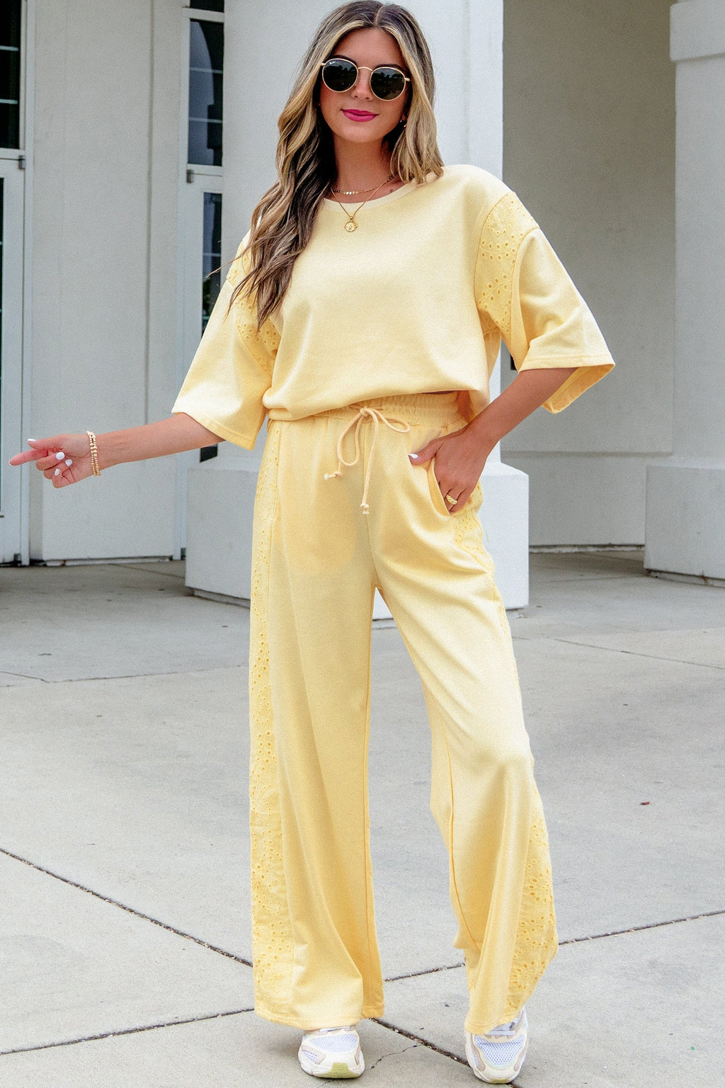 Margaux | Lace Panelled Half Sleeve Top and Wide Leg Pants Two Piece Set