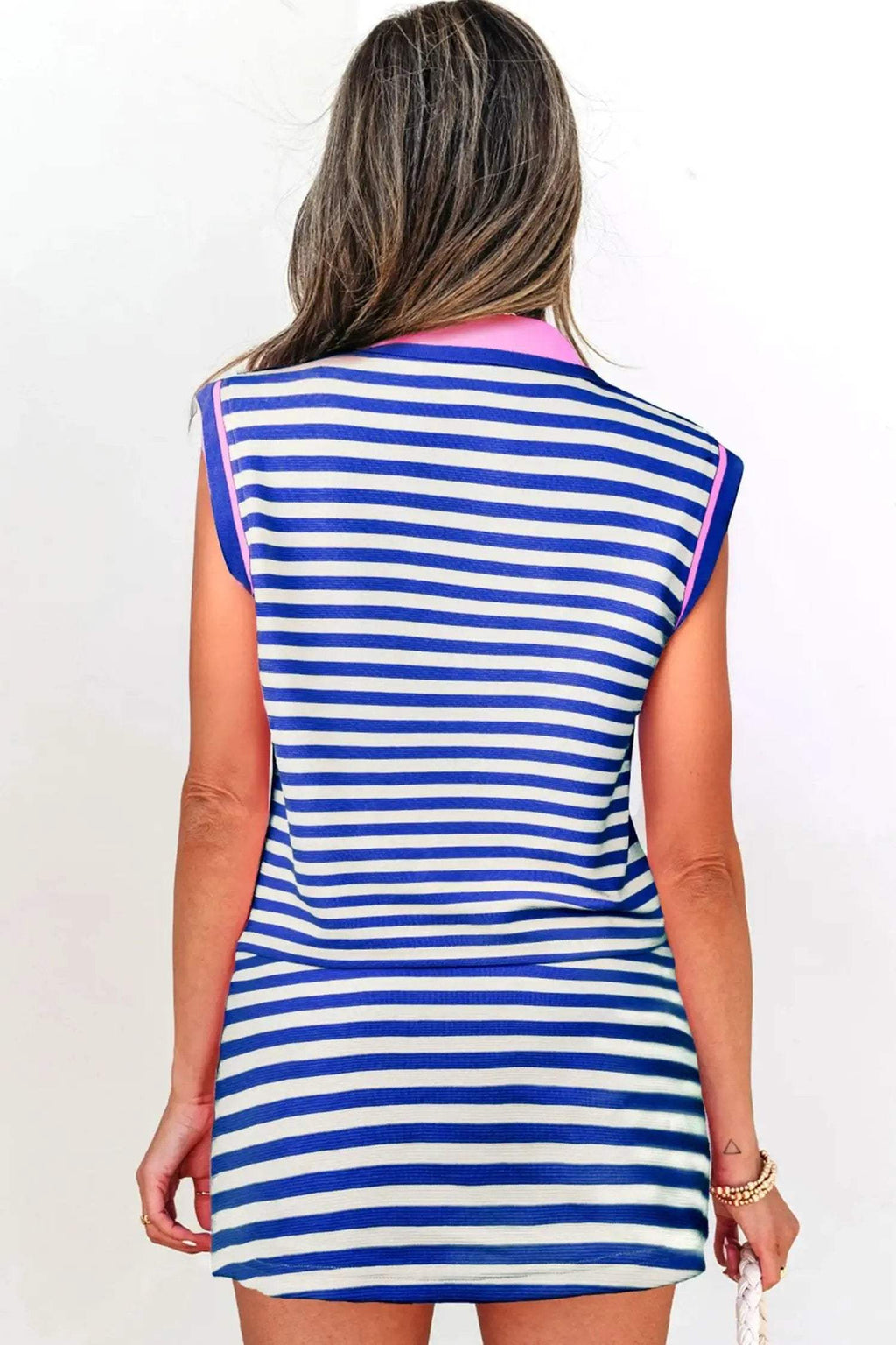 Thalia | Textured Stripe Zip Collar Sleeveless Top and Skort Set