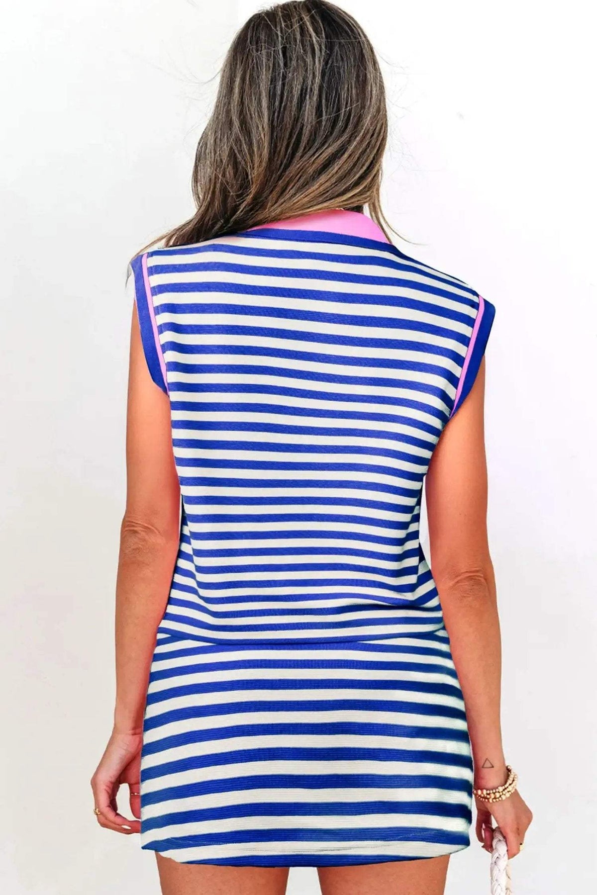 Thalia | Textured Stripe Zip Collar Sleeveless Top and Skort Set