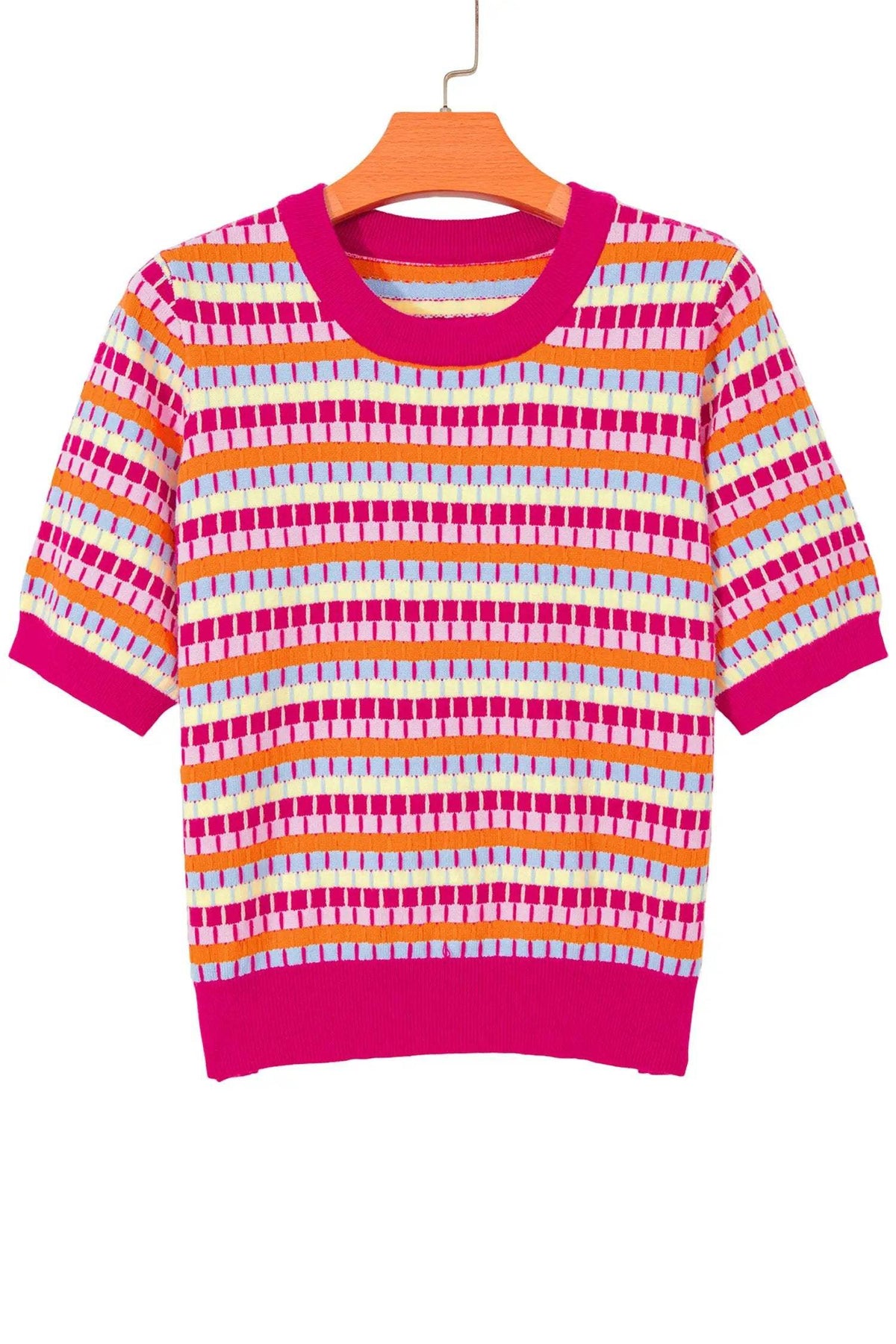 Zaria | Striped Short Sleeve Knit Sweater with Fine Gauge Finish