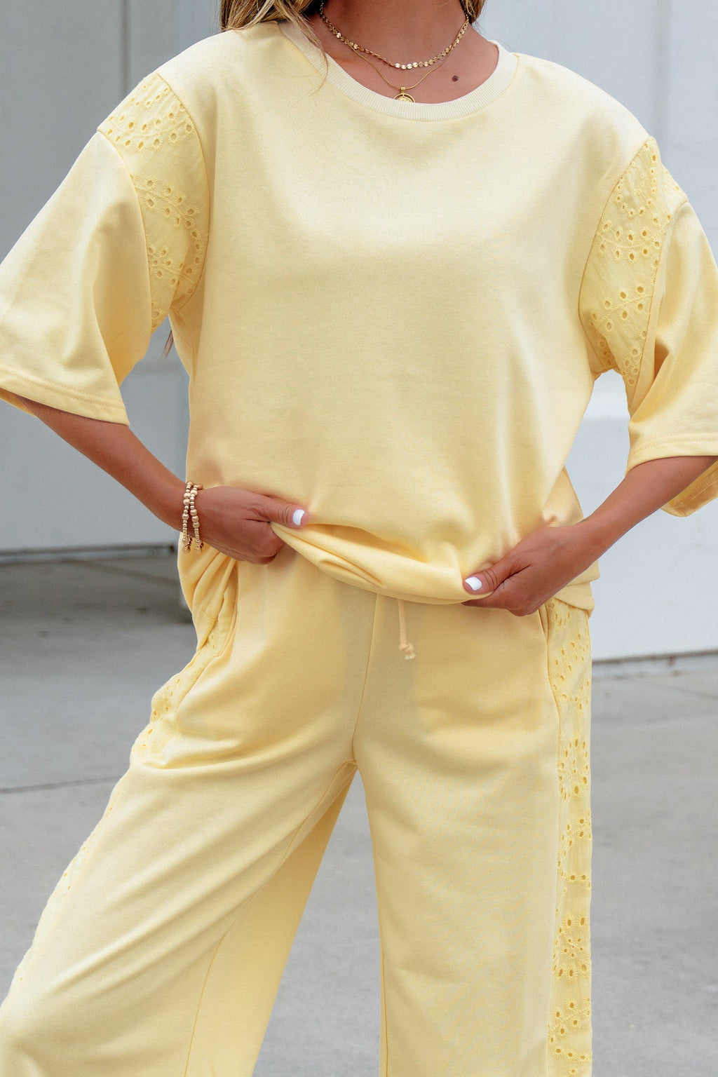 Margaux | Lace Panelled Half Sleeve Top and Wide Leg Pants Two Piece Set
