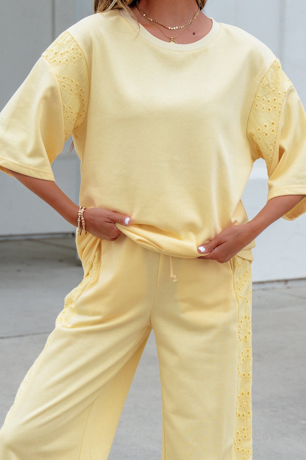 Margaux | Lace Panelled Half Sleeve Top and Wide Leg Pants Two Piece Set