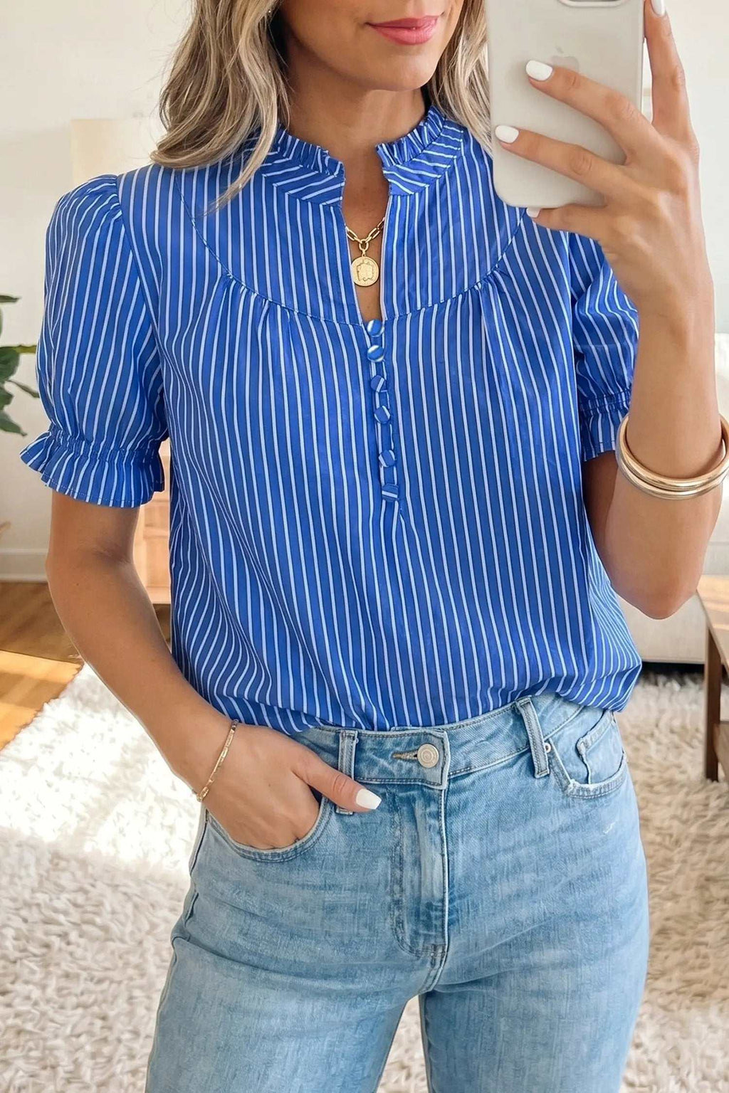 Ophelia | Striped Puff Sleeve Button Front Blouse with Ruffle Detail
