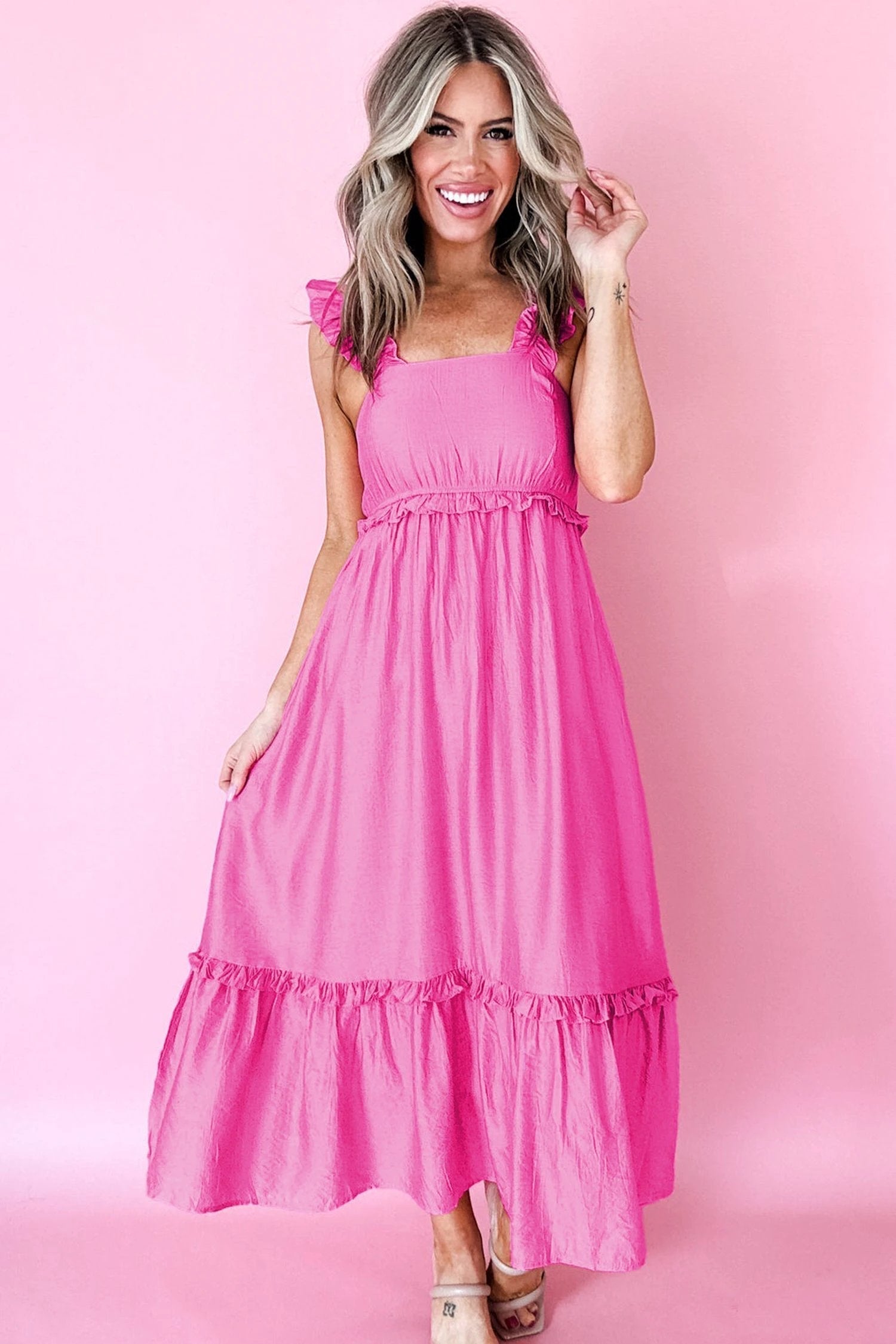 Renata | Sleeveless High Waisted Maxi Dress with Ruffle Trim