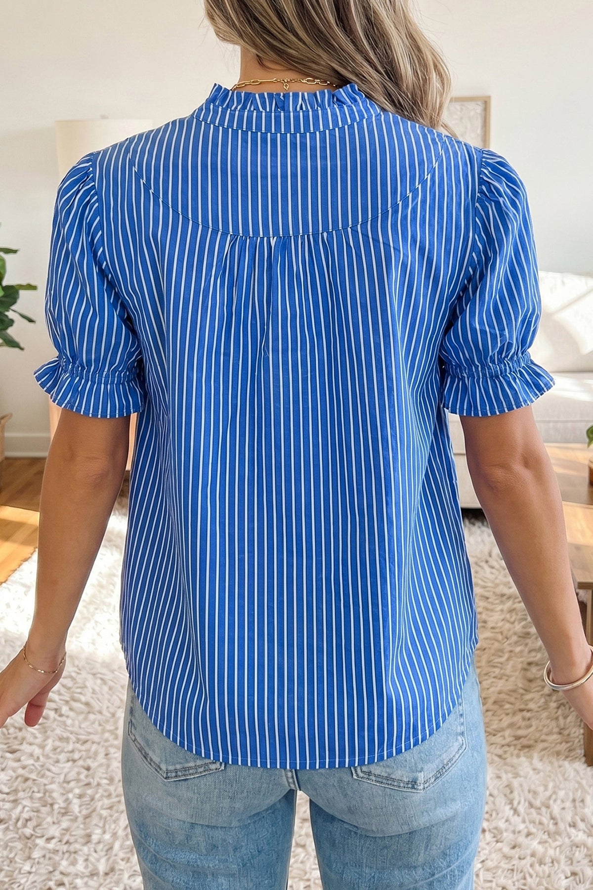 Ophelia | Striped Puff Sleeve Button Front Blouse with Ruffle Detail