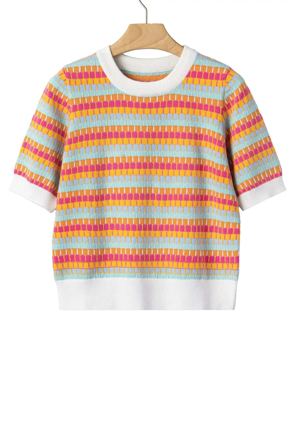 Zaria | Striped Short Sleeve Knit Sweater with Fine Gauge Finish