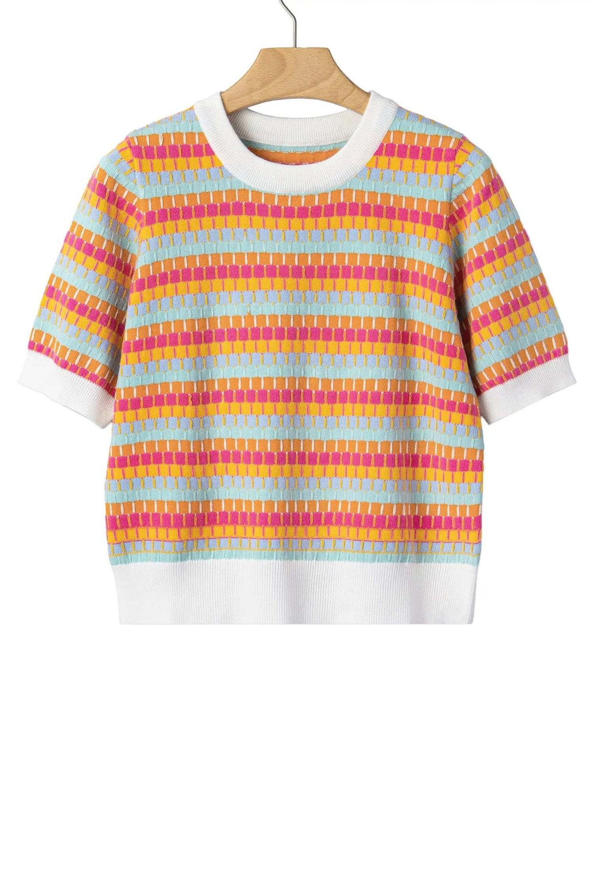 Zaria | Striped Short Sleeve Knit Sweater with Fine Gauge Finish