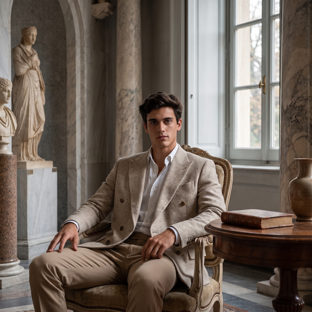 Marchetti blazer worn in a quiet villa interior