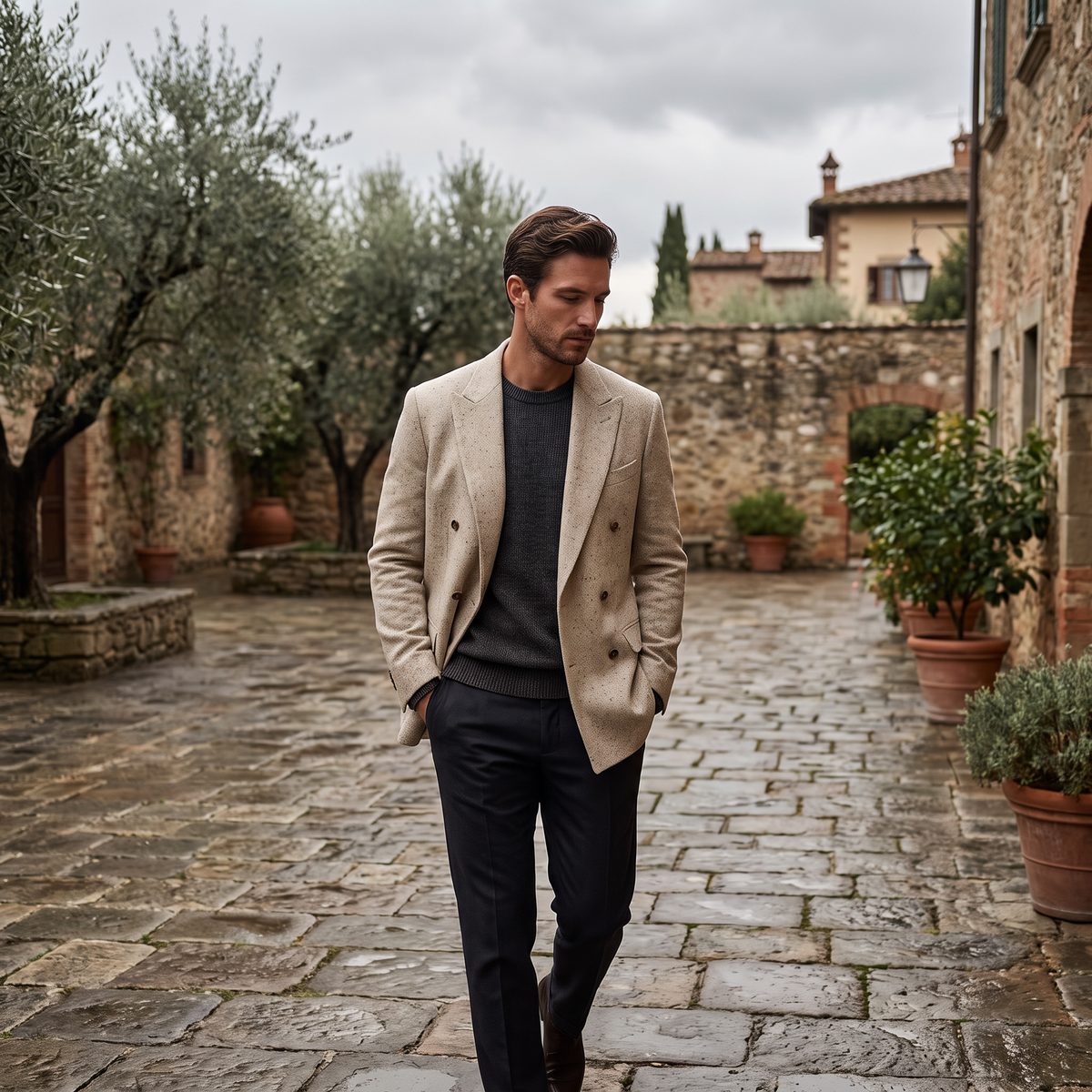 Marchetti blazer worn in a stone courtyard, overcast morning