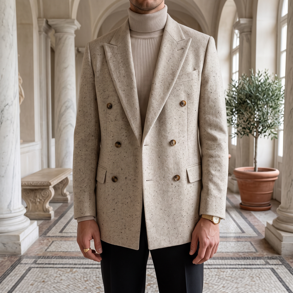 Marchetti blazer worn in a classical marble hall