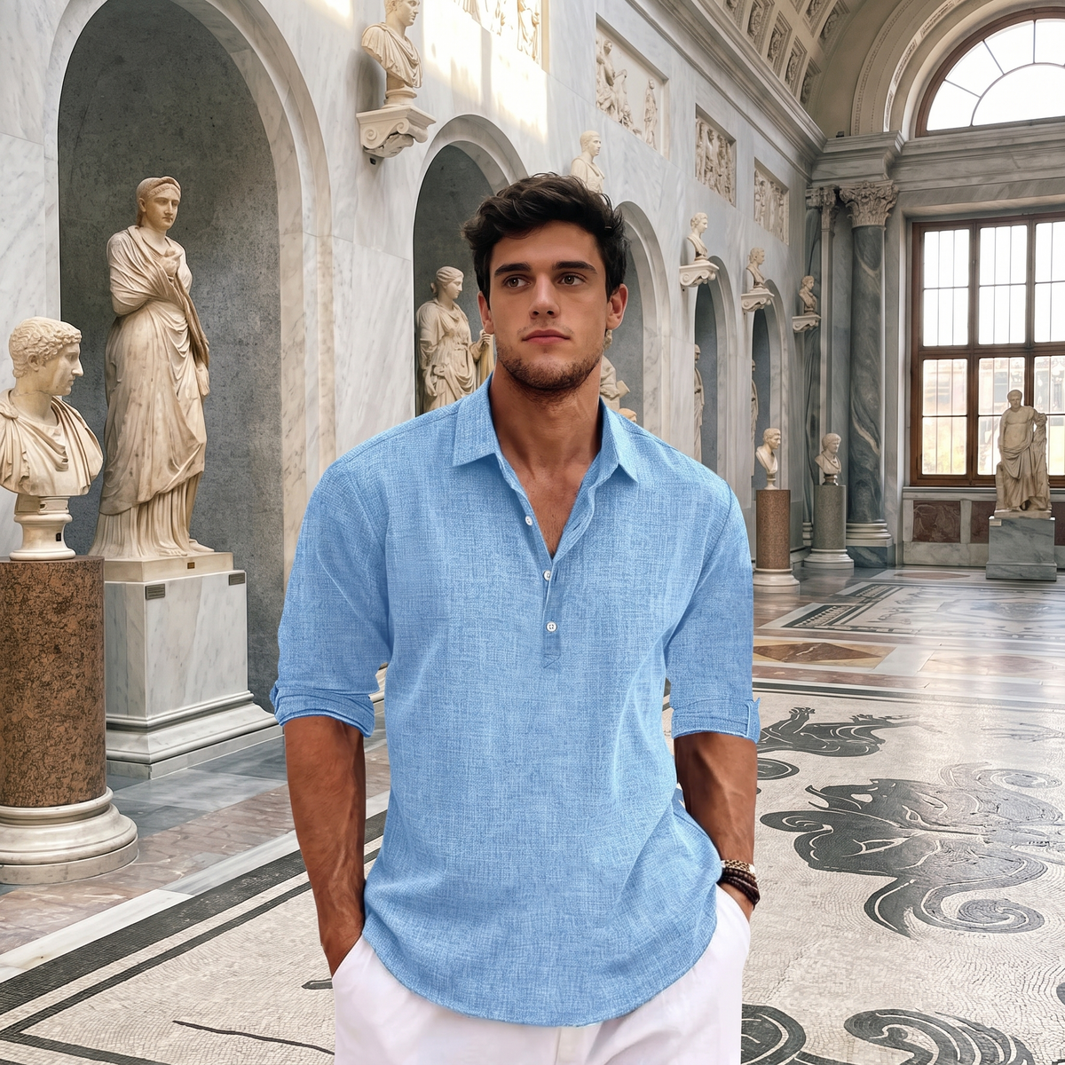 Caspian shirt worn in a museum gallery with classical architecture