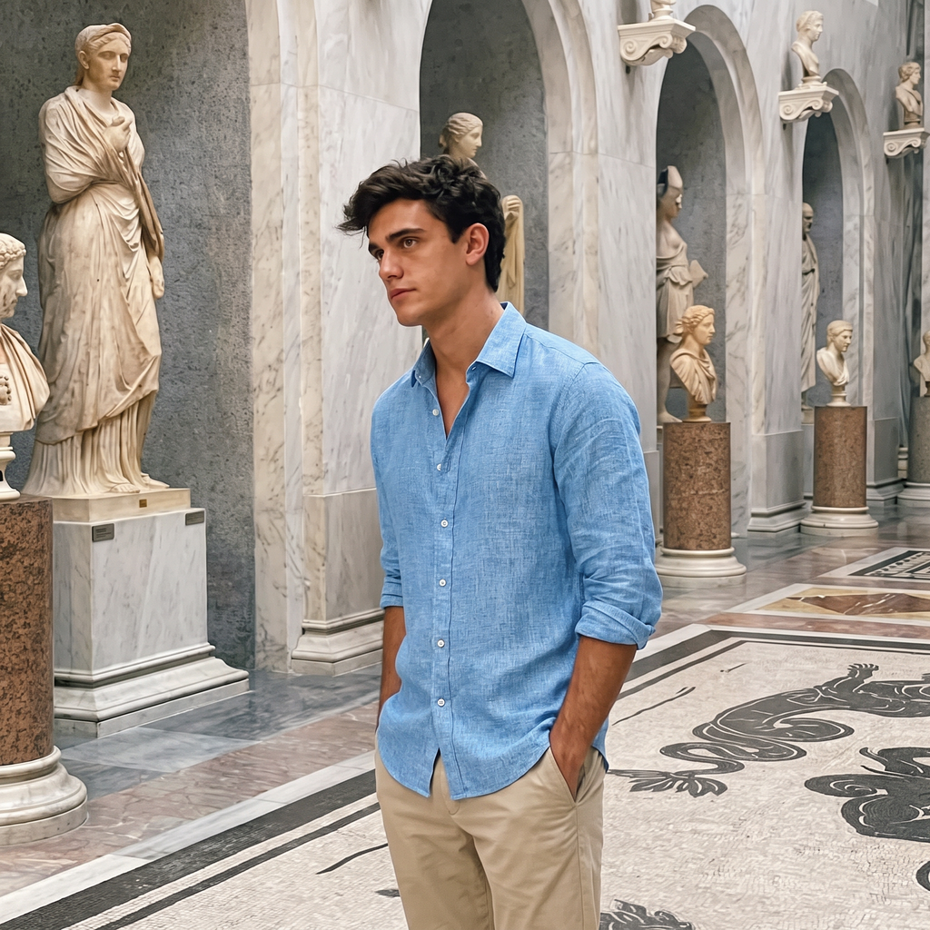 Caspian shirt worn in a classical marble villa interior