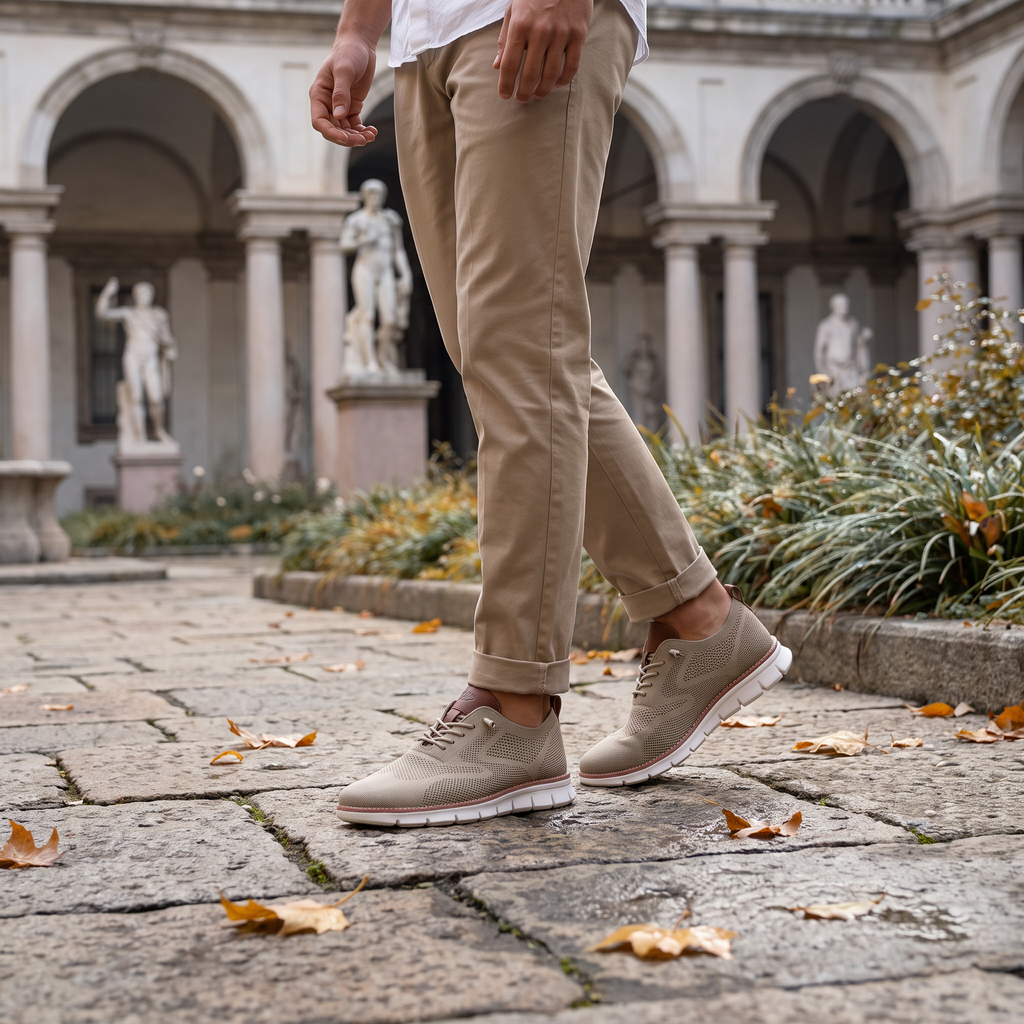 Rivelo sneakers worn in a stone courtyard, cool autumn morning