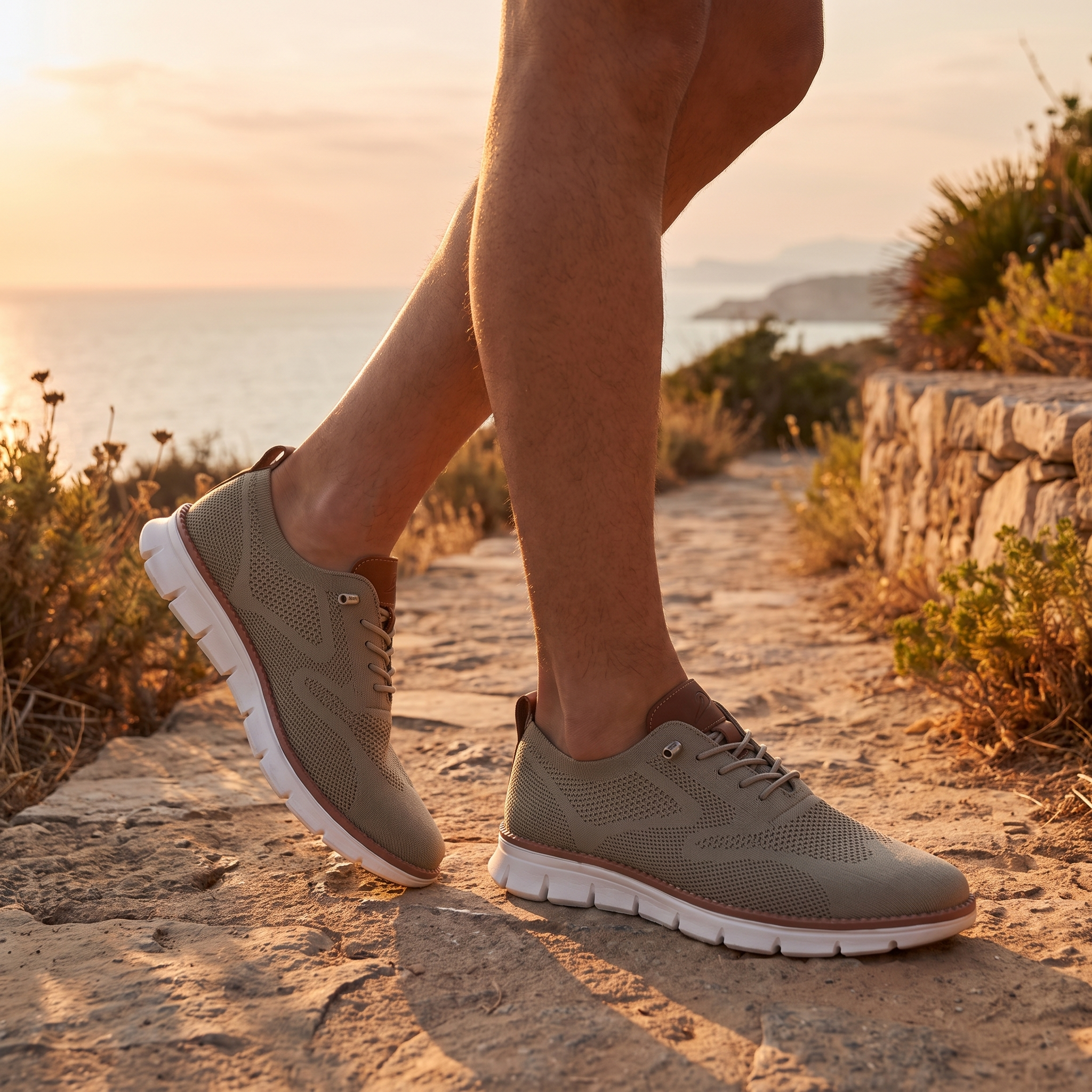 Rivelo sneakers worn on a coastal path at golden hour