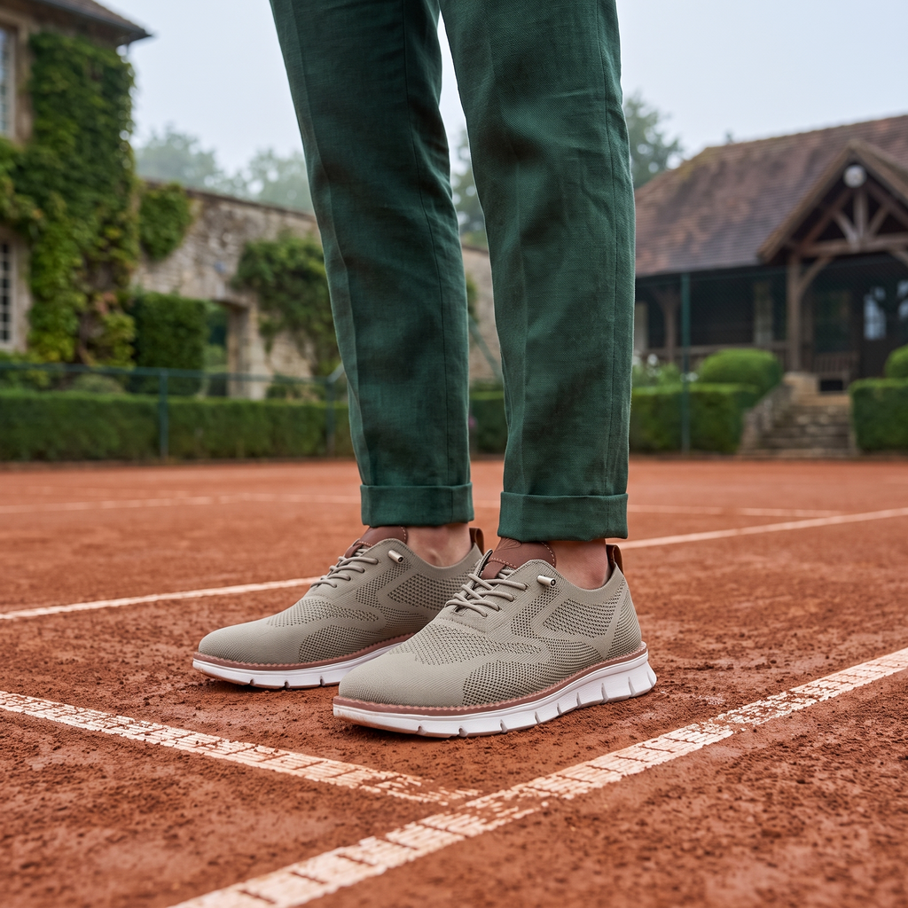Rivelo sneakers worn at a country club clay tennis court, overcast