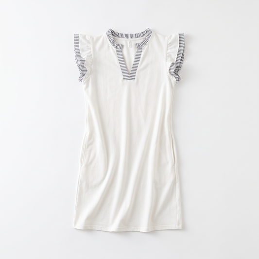 Anouk | Striped Contrast Sleeveless Midi Dress with Split Neck and Ruffle Trim