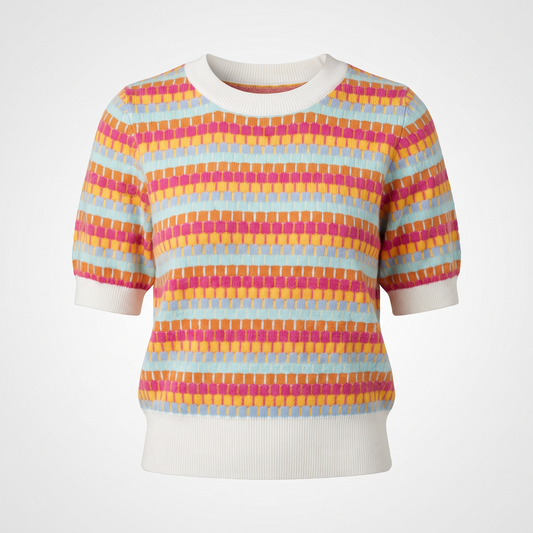 Zaria | Striped Short Sleeve Knit Sweater with Fine Gauge Finish