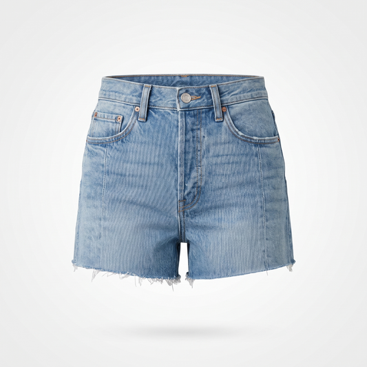 Valentina | Washed Raw Hem Denim Shorts with Mid Rise Fit