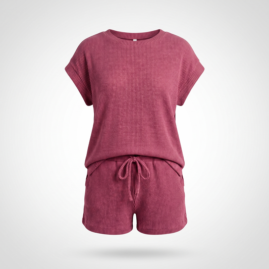 Wrenna | Ribbed Twist Front Tee and Drawstring Shorts Two Piece Set