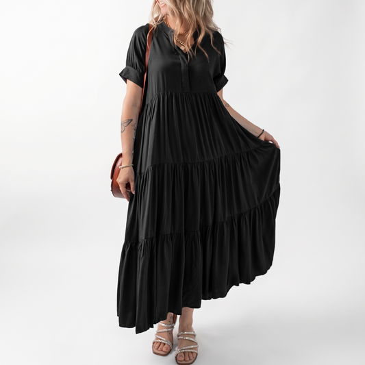 Helene | Concealed Button Tiered Short Sleeve Maxi Dress