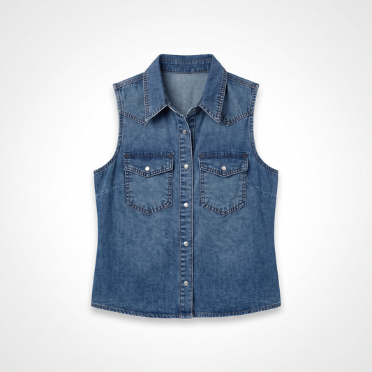 Nerina | Collared Sleeveless Denim Vest with Button Front