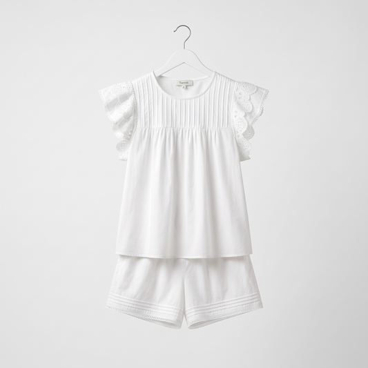 Josette | Lace Trimmed Flutter Sleeve Pleated Blouse for Women