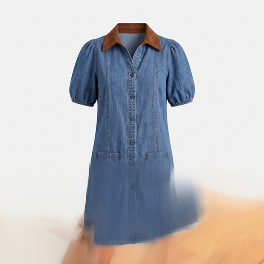 Mireille | Panelled Denim Mini Shirt Dress with Puff Sleeves