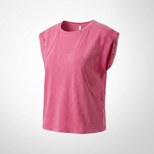 Oriane | Mineral Washed Lace Trim Cap Sleeve Top with Raw Seams