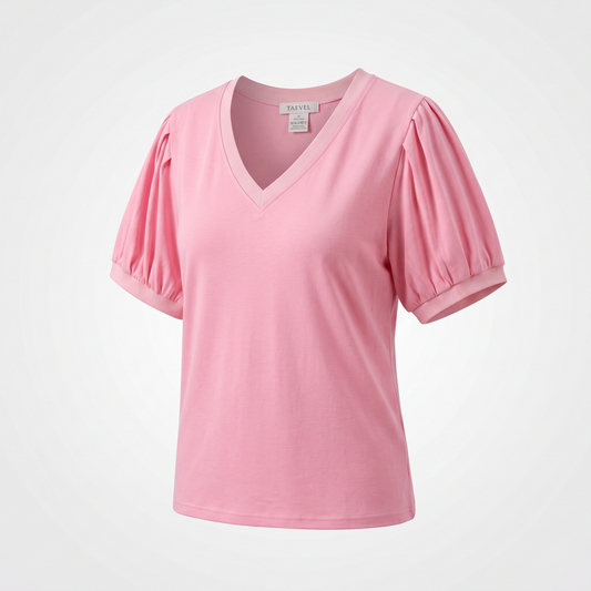 Amalie | Pleated V Neck Puff Sleeve Blouse in Extended Sizes
