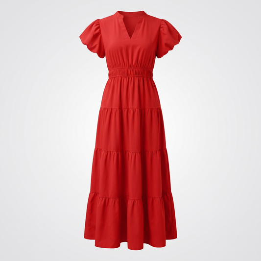 Zola | V Neck Puff Sleeve Tiered Maxi Dress with High Waist